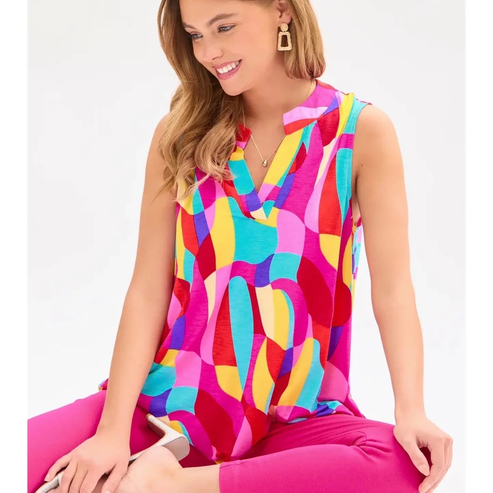 Pink and Yellow Sleeveless Graphic Blouse